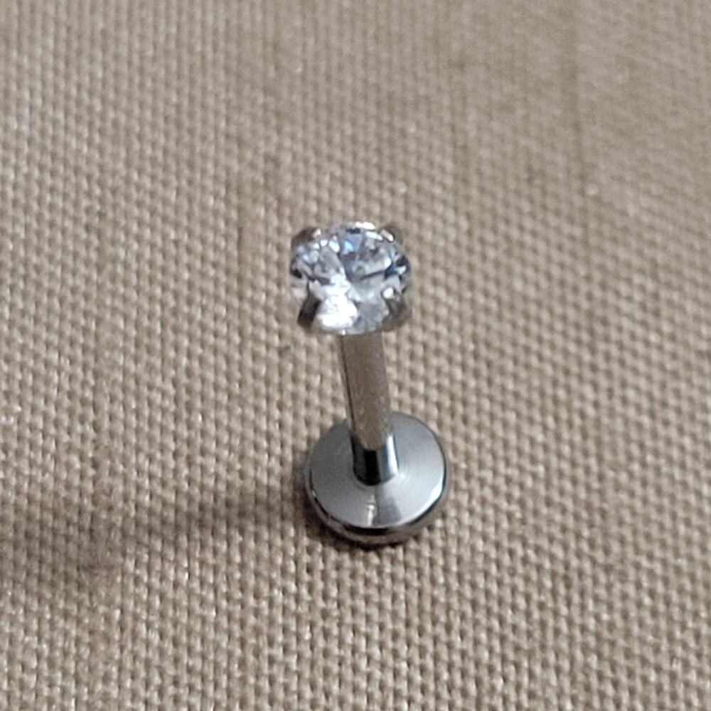 Two 16G 8mm crystal labret or snake bite lip piercings, push fit, stainless